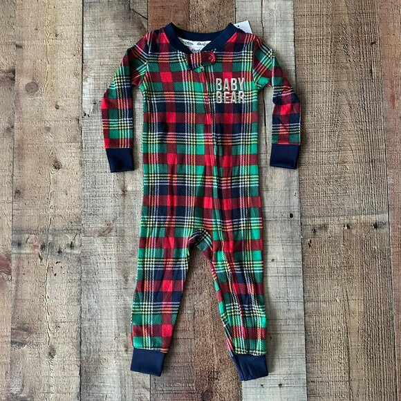 Infant 1-Piece Plaid Holiday Family Pajamas With "Baby Bear" Text By Dearfoams - Picture 1 of 6